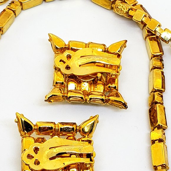 Kramer New York 1960 Vintage KRAMER OF NEW YORK Art Deco Yellow Orange Rhinestone Necklace Earrings